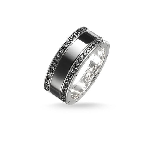 STERLING SILVER BAND RING WITH BLACK CERAMIC ENCLOSED WITH BLACK ZIRCONIA STONES