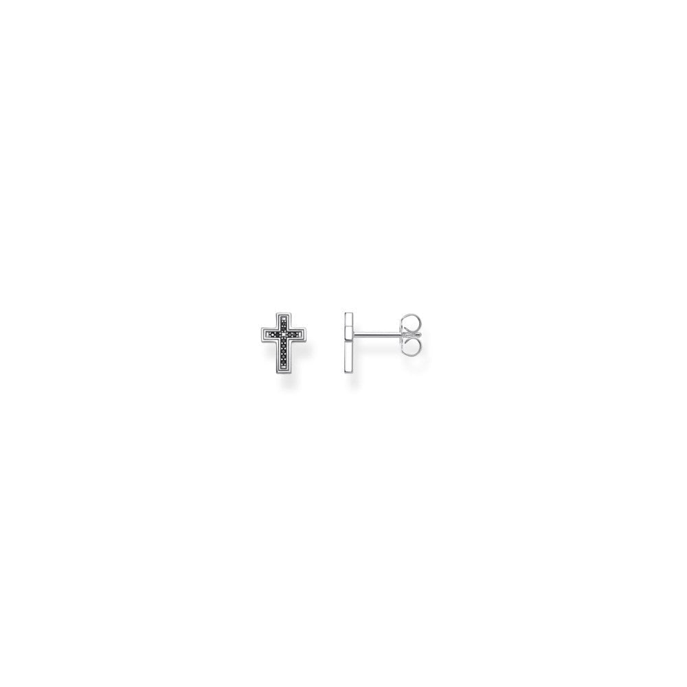 STERLING SILVER BLACK CUBIC ZIRCONIA CROSS STUD EARRINGS