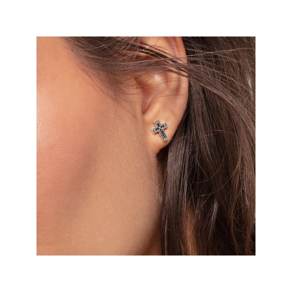 STERLING SILVER BLACK CUBIC ZIRCONIA CROSS STUD EARRINGS