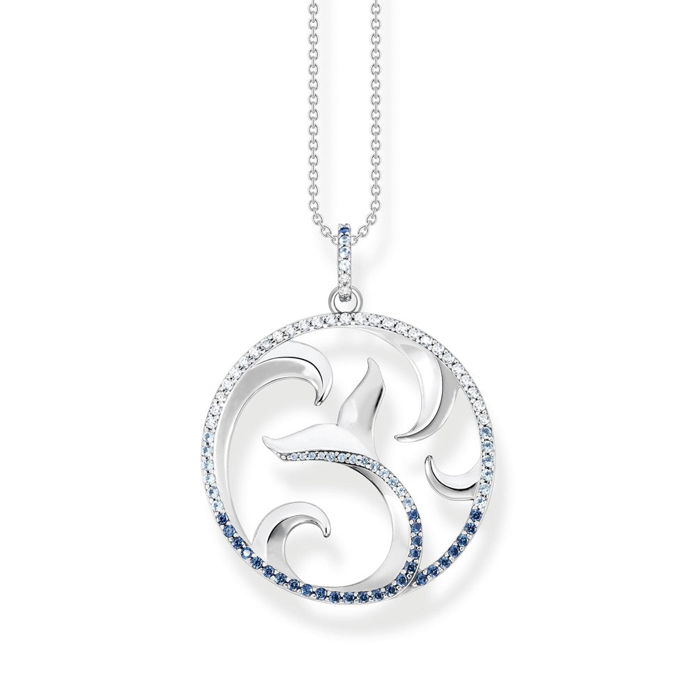 STERLING SILVER CIRCLE DOLPHIN FIN NAUTICAL WAVE PENDANT WITH BLUE ZIRCONIA