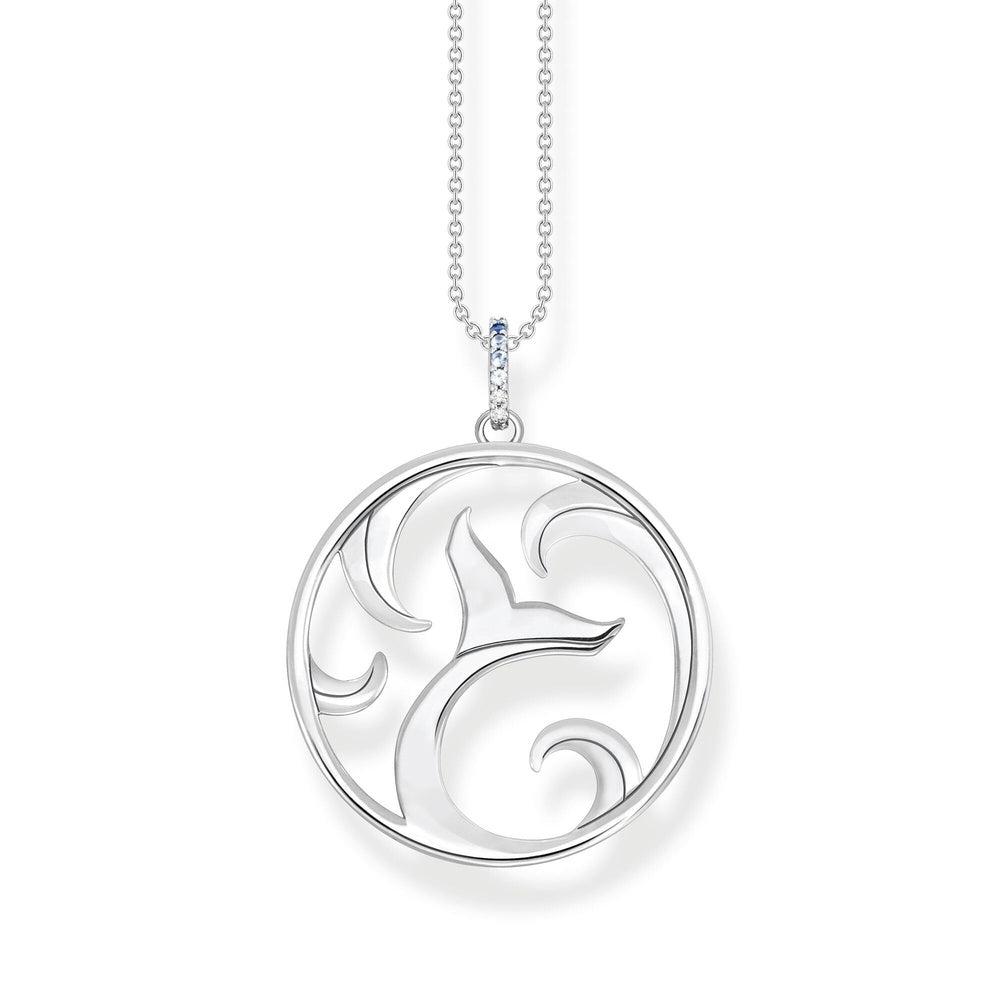 STERLING SILVER CIRCLE DOLPHIN FIN NAUTICAL WAVE PENDANT WITH BLUE ZIRCONIA