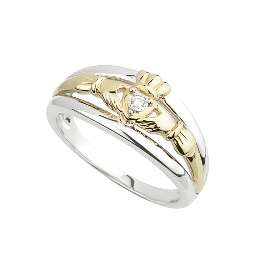 STERLING SILVER CLADDAGH RING WITH 10CT GOLD AND DIAMOND