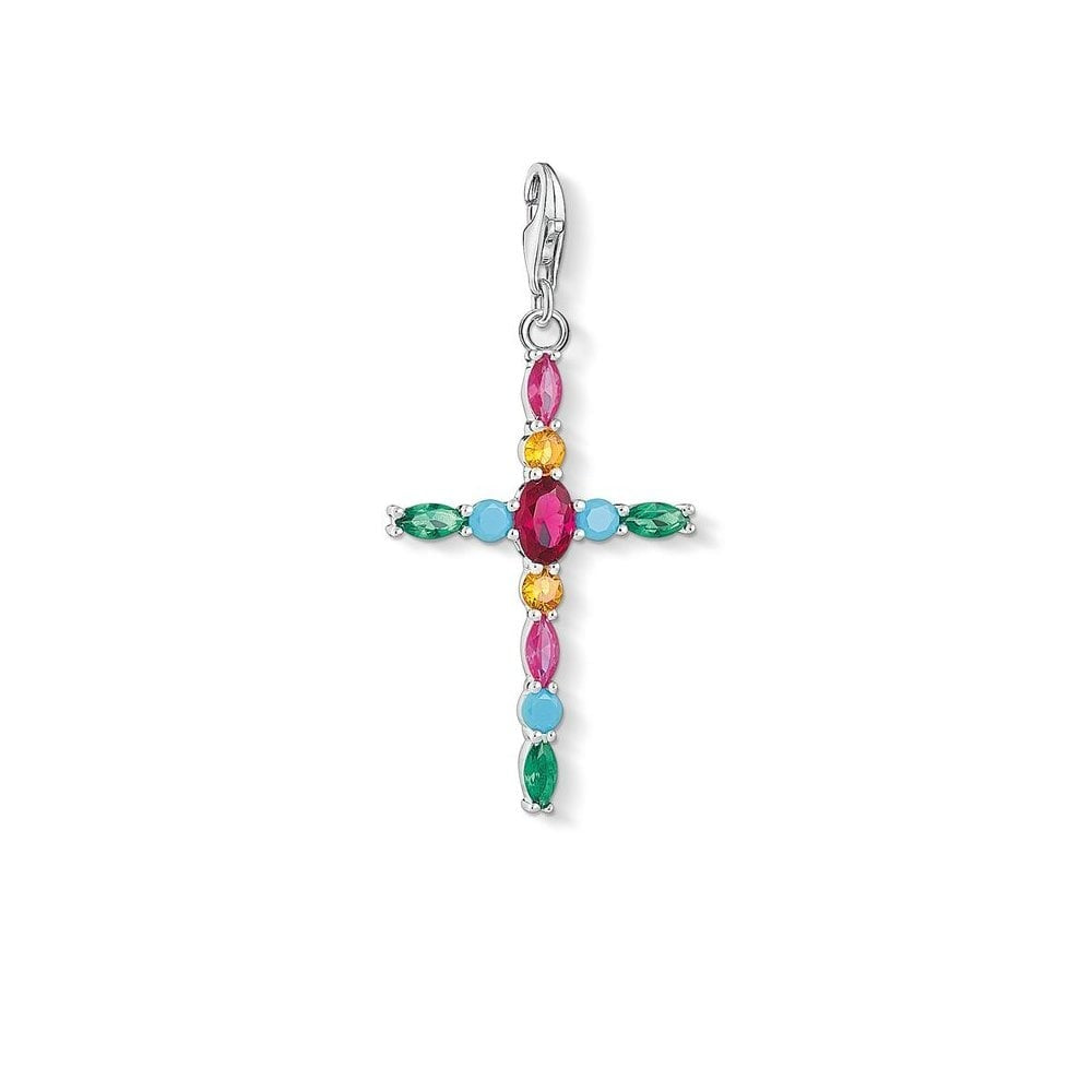 STERLING SILVER COLOURFUL CROSS CHARM PENDANT WITH SYNTHETIC RED CORUNDUM & GLASS CERAMIC STONES