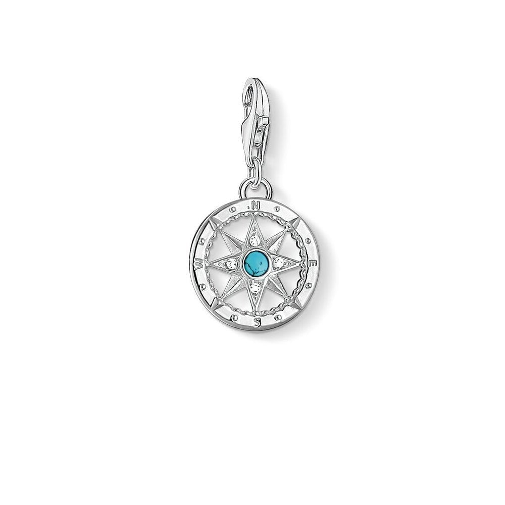 STERLING SILVER COMPASS CHARM PENDANT WITH TURQUOISE & CUBIC ZIRCONIA