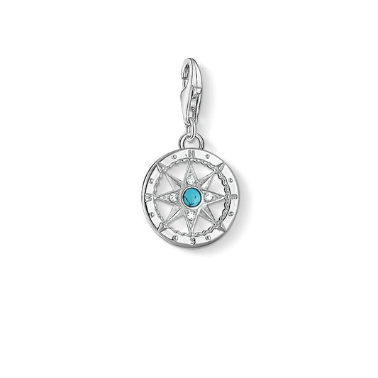 STERLING SILVER COMPASS CHARM PENDANT WITH TURQUOISE & CUBIC ZIRCONIA