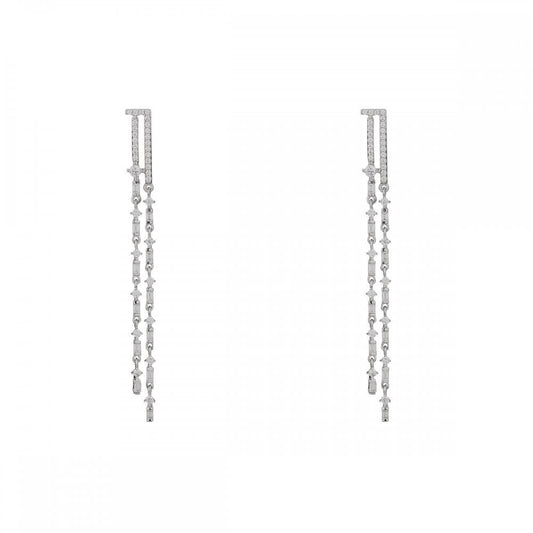 STERLING SILVER CONTEMPORARY DOUBLE DROP EARRINGS WITH CUBIC ZIRCONIA