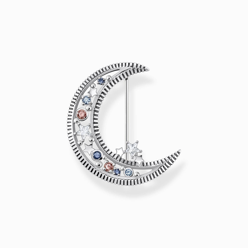 STERLING SILVER CRESCENT MOON BROOCH WITH COLOURED STONES
