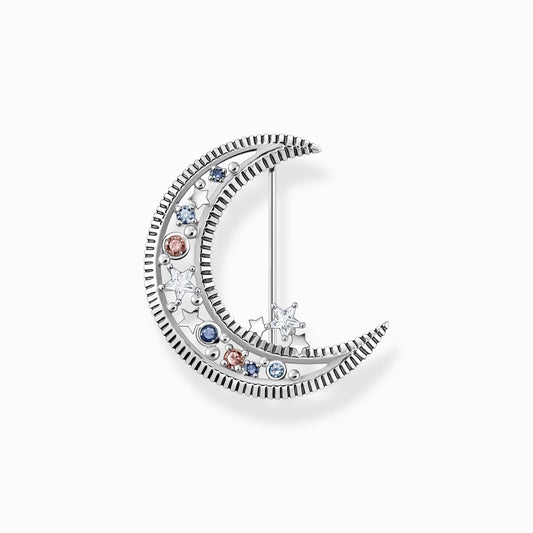 STERLING SILVER CRESCENT MOON BROOCH WITH COLOURED STONES