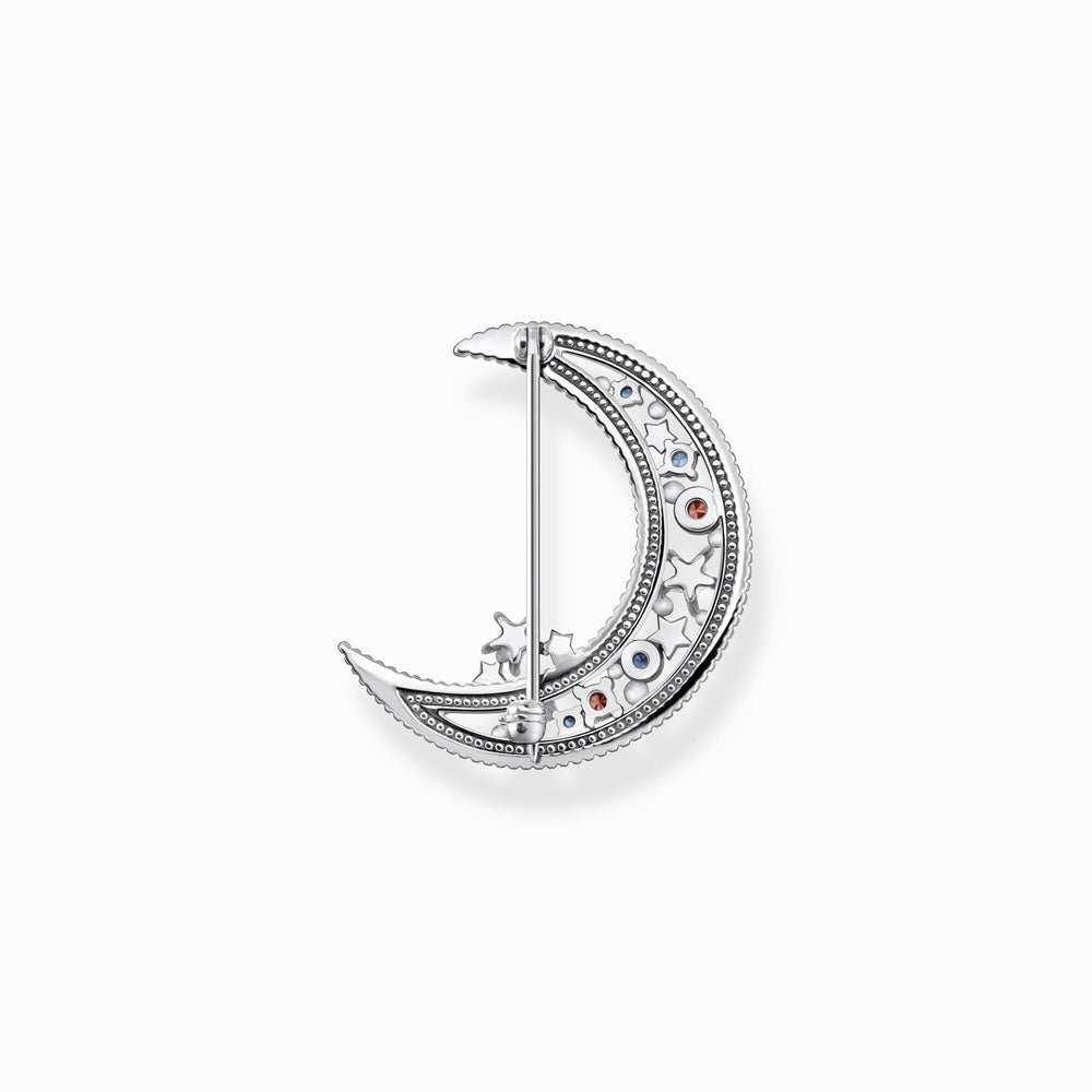 STERLING SILVER CRESCENT MOON BROOCH WITH COLOURED STONES