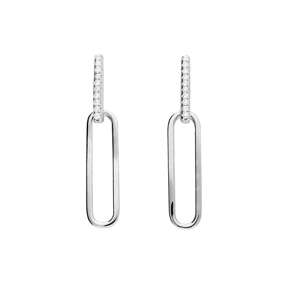 STERLING SILVER CUBIC ZIRCONIA BAR & PAPERCLIP LINK DROP EARRINGS