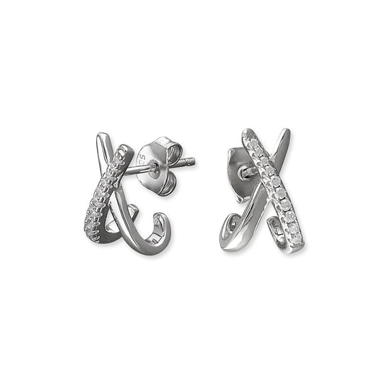 STERLING SILVER CUBIC ZIRCONIA CROSSOVER STUD EARRINGS