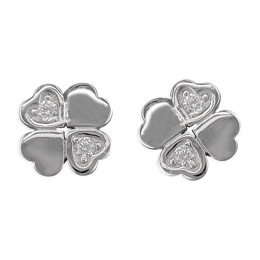 STERLING SILVER CUBIC ZIRCONIA FOUR-LEAF CLOVER STUD EARRINGS