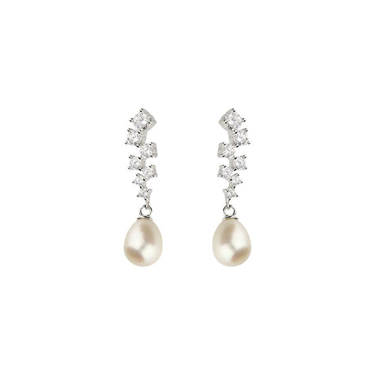 STERLING SILVER CUBIC ZIRCONIA FRESHWATER PEARL DROP  EARRINGS