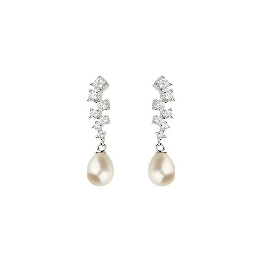 STERLING SILVER CUBIC ZIRCONIA FRESHWATER PEARL DROP  EARRINGS