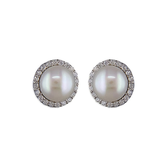 STERLING SILVER CUBIC ZIRCONIA HALO WITH FRESHWATER PEARL STUD EARRINGS