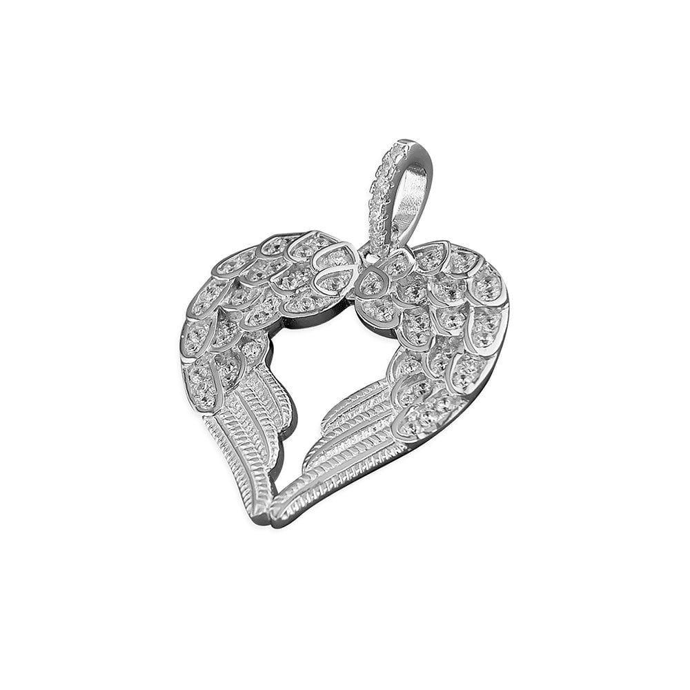 STERLING SILVER CUBIC ZIRCONIA HEART SHAPED ANGEL WING PENDANT