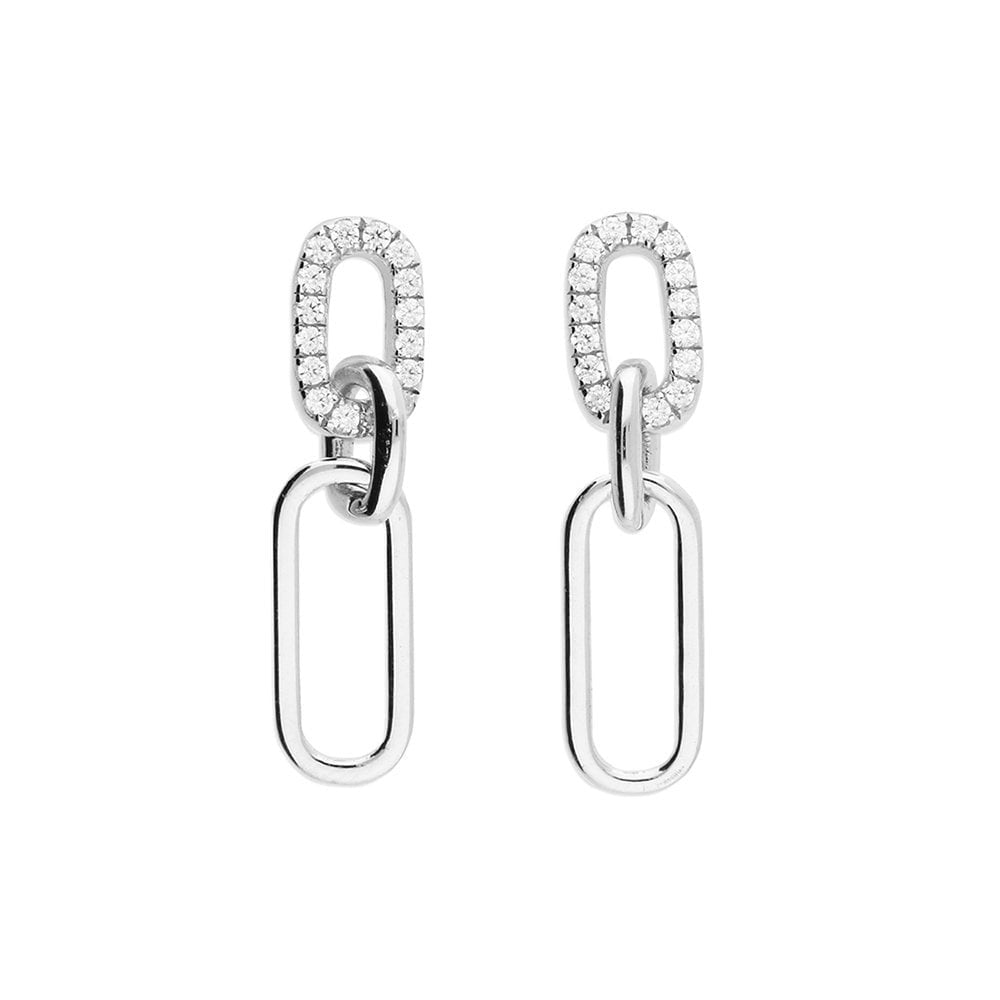 STERLING SILVER CUBIC ZIRCONIA & PLAIN PAPER LINK CHAIN DROP EARRINGS