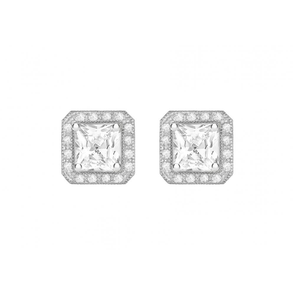 STERLING SILVER CZ SQUARE STUD EARRINGS WITH RHODIUM FINISH