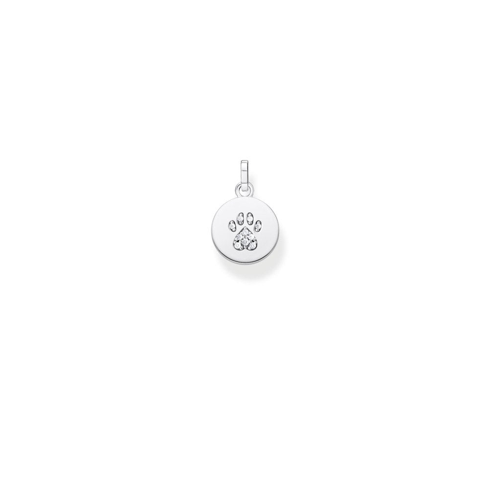 STERLING SILVER DISC CHARM PENDANT WITH CUBIC ZIRCONIA CAT PAW ON THE FRONT