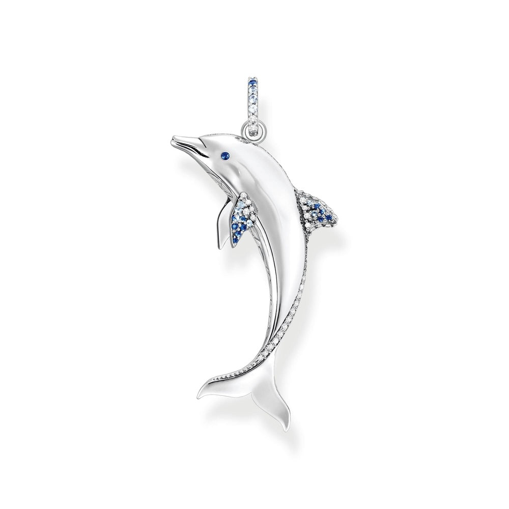 STERLING SILVER DOLPHIN PENDANT WITH CLEAR & BLUE ZIRCONIA DETAIL