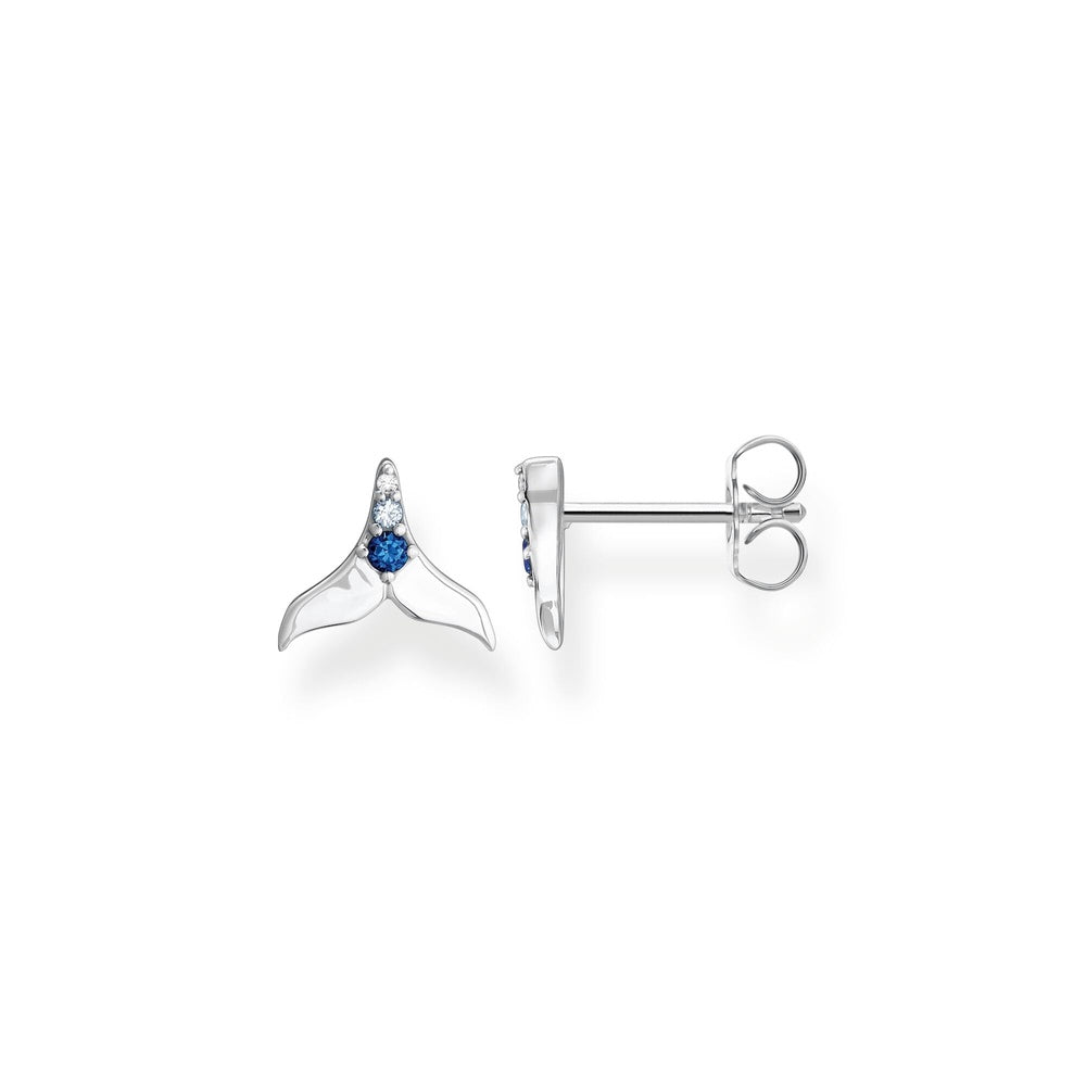 STERLING SILVER DOLPHIN TAIL FIN STUD EARRINGS WITH DARK BLUE ZIRCONIA