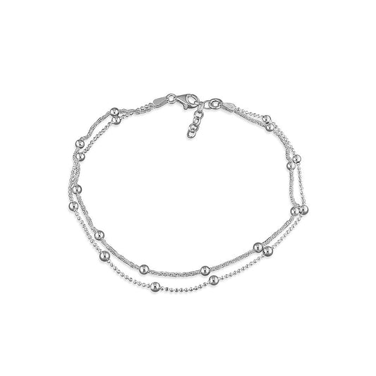 STERLING SILVER DOUBLE BEADED CHAIN ANKLE BRACELET