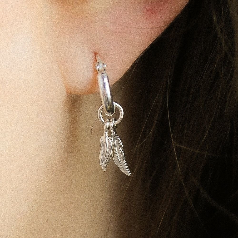 STERLING SILVER DOUBLE FEATHER HOOP EARRINGS