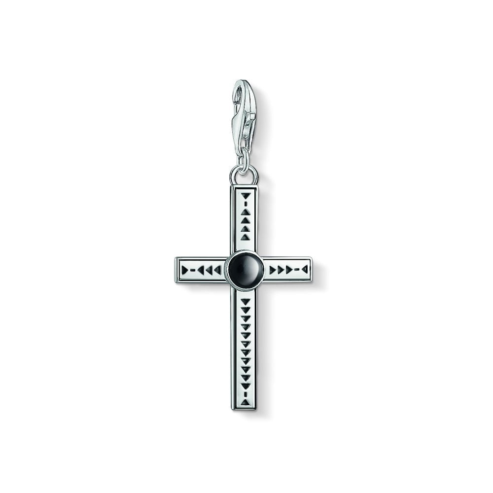STERLING SILVER ETHNIC CROSS CHARM PENDANT WITH ONYX STONE IN THE CENTRE