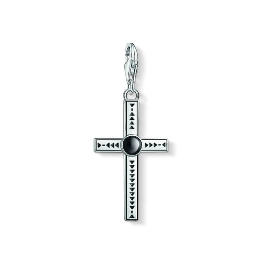 STERLING SILVER ETHNIC CROSS CHARM PENDANT WITH ONYX STONE IN THE CENTRE
