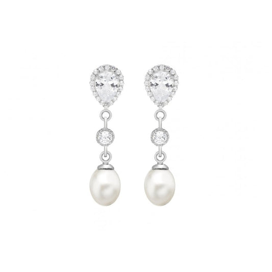 STERLING SILVER FRESH WATER PEARL AND CZ DROP EARRINGS