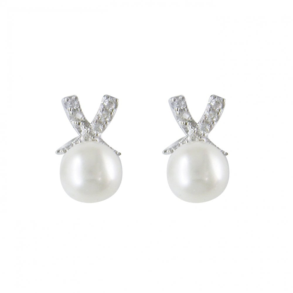 STERLING SILVER FRESHWATER PEARL & CUBIC ZIRCONIA KISS STUD EARRINGS