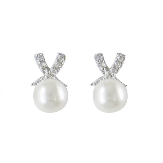 STERLING SILVER FRESHWATER PEARL & CUBIC ZIRCONIA KISS STUD EARRINGS