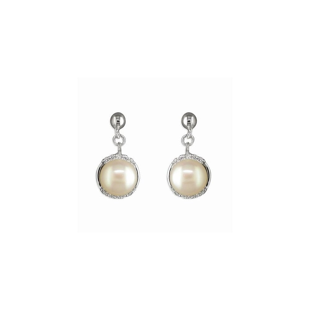STERLING SILVER FRESHWATER PEARL WITH CUBIC ZIRCONIA SURROUND DROP EARRINGS