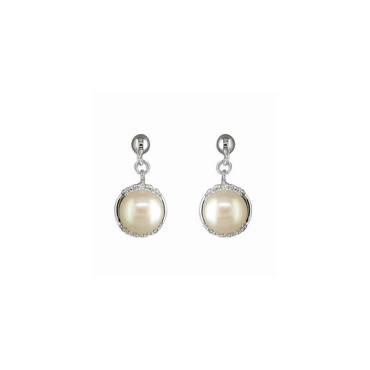 STERLING SILVER FRESHWATER PEARL WITH CUBIC ZIRCONIA SURROUND DROP EARRINGS