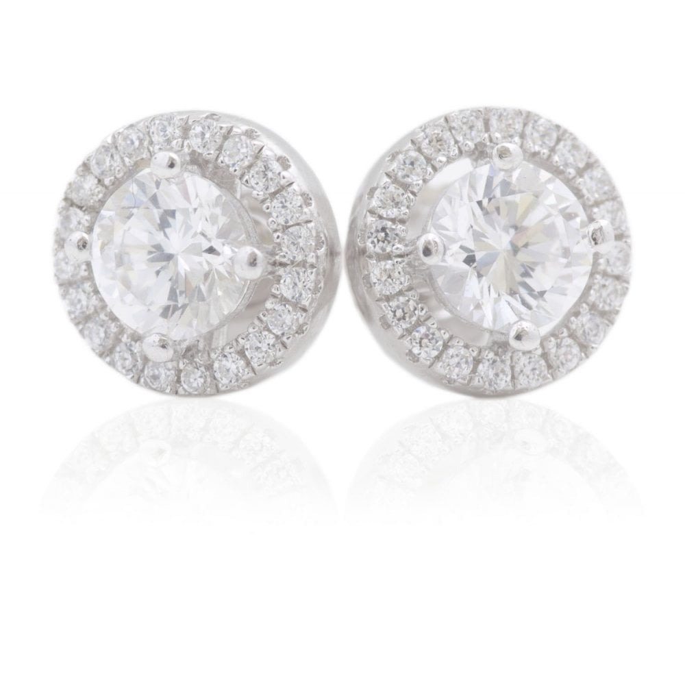 STERLING SILVER HALO STYLE ROUND CUBIC ZIRCONIA STUD EARRINGS