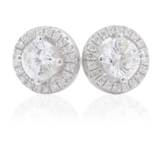 STERLING SILVER HALO STYLE ROUND CUBIC ZIRCONIA STUD EARRINGS