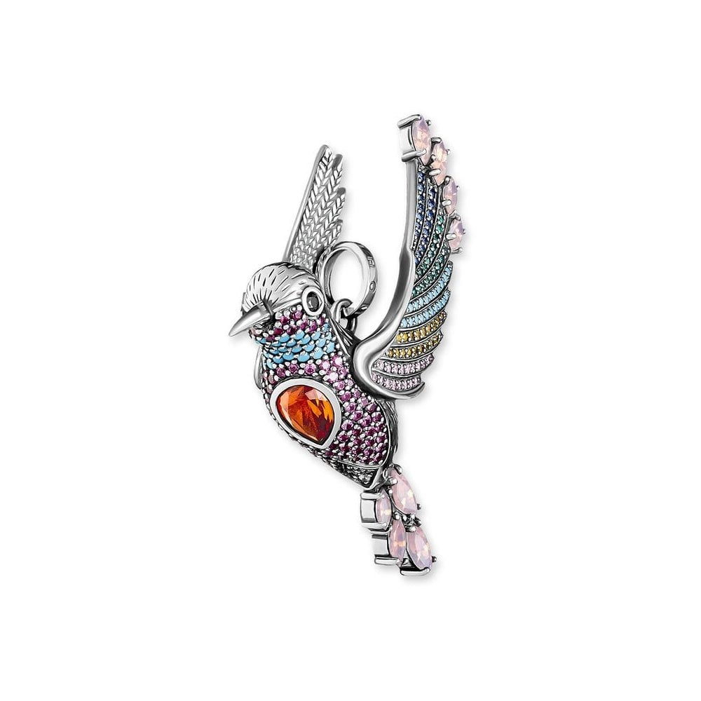 STERLING SILVER HANDCRAFTED HUMMINGBIRD CHARM PENDANT WITH ELABORATE PAVE MULTI COLOUR STONE EMBELLISHMENT