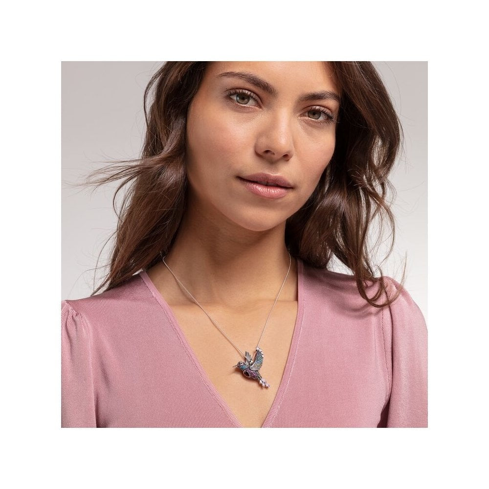 STERLING SILVER HANDCRAFTED HUMMINGBIRD CHARM PENDANT WITH ELABORATE PAVE MULTI COLOUR STONE EMBELLISHMENT