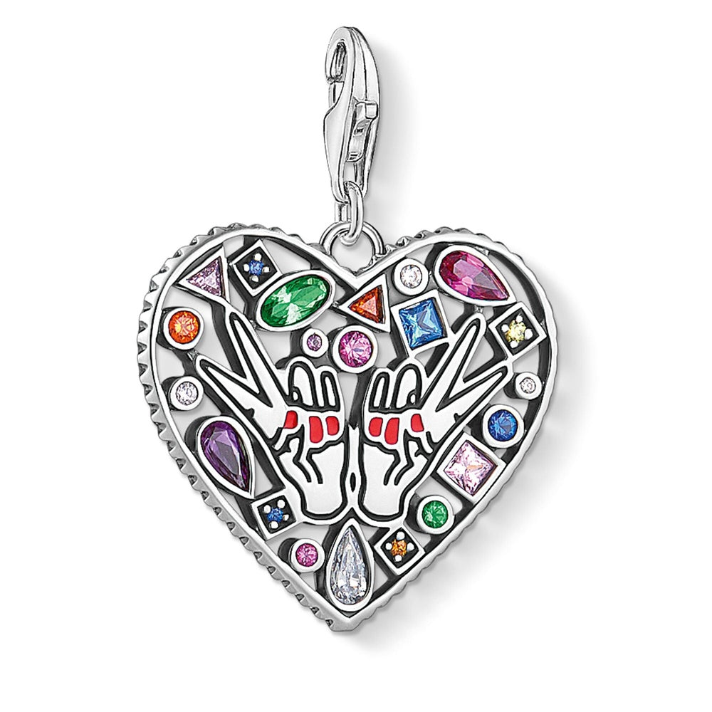 STERLING SILVER HEART CHARM PENDANT WITH PEACE HANDS & RED CORUNDUM, SPINEL BLUE, GLASS CERAMIC STONE & WHITE, PINK & ORANGE ZIRCONIA