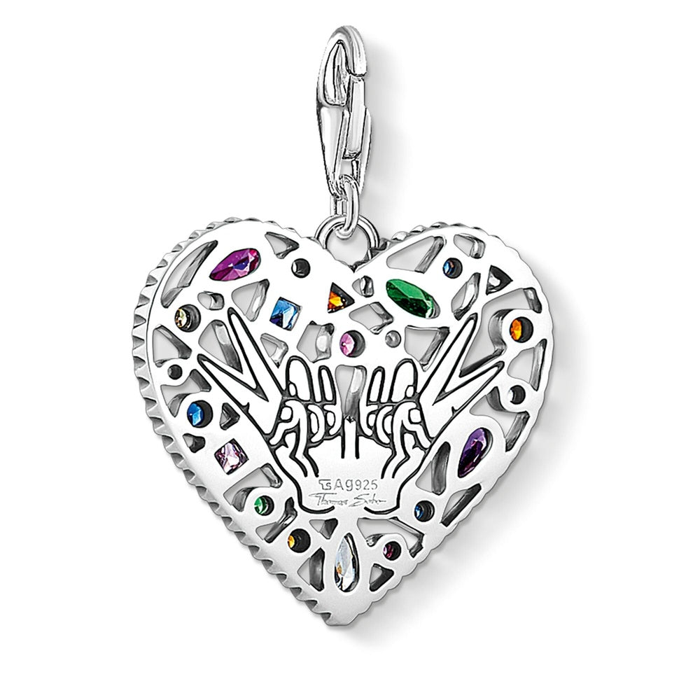 STERLING SILVER HEART CHARM PENDANT WITH PEACE HANDS & RED CORUNDUM, SPINEL BLUE, GLASS CERAMIC STONE & WHITE, PINK & ORANGE ZIRCONIA