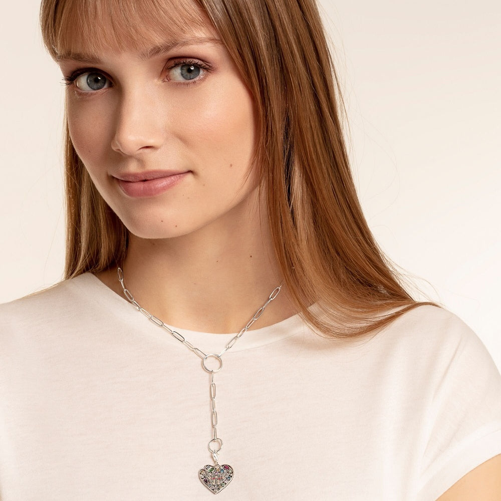 STERLING SILVER HEART CHARM PENDANT WITH PEACE HANDS & RED CORUNDUM, SPINEL BLUE, GLASS CERAMIC STONE & WHITE, PINK & ORANGE ZIRCONIA