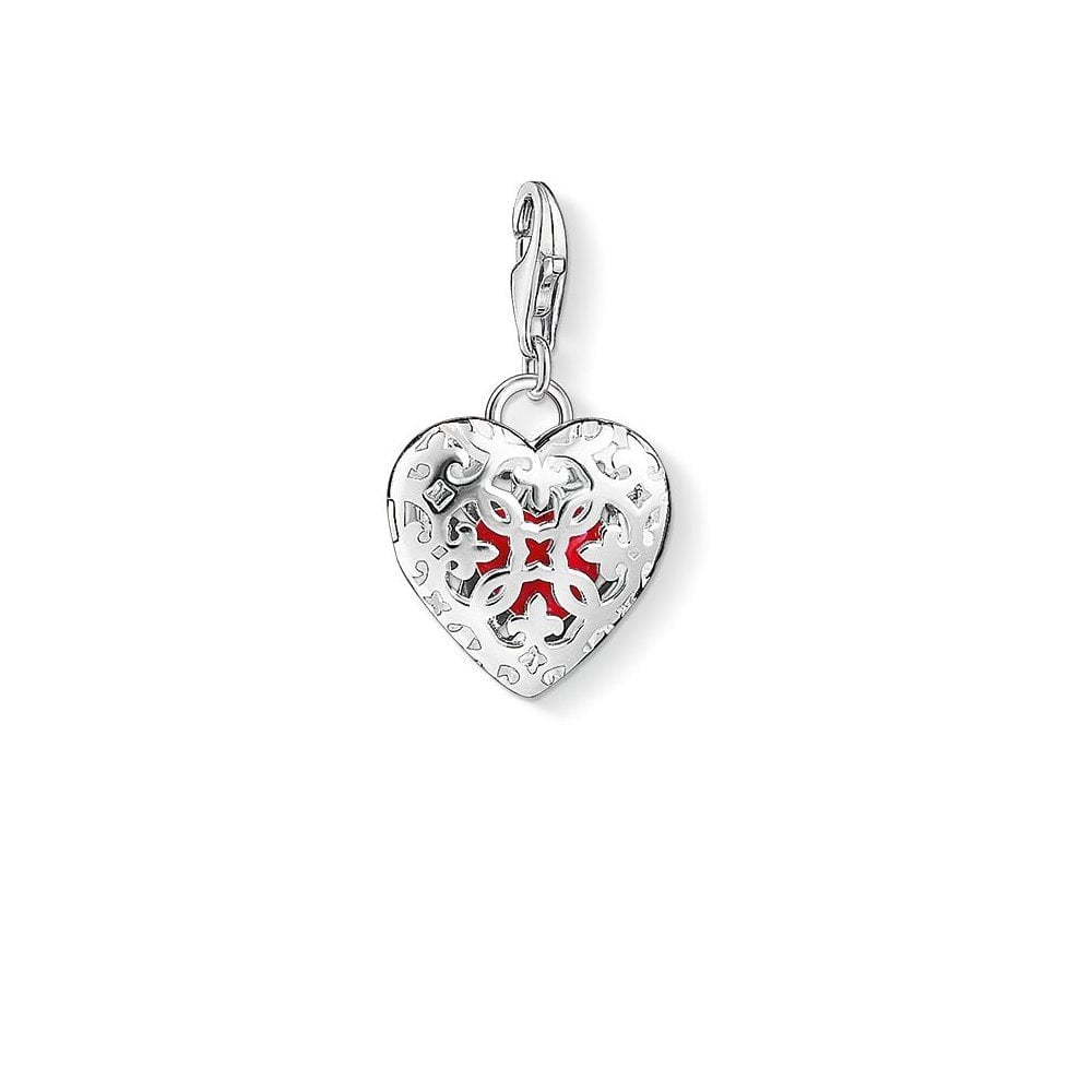 STERLING SILVER HEART MEDALLION CHARM PENDANT WITH RED ENAMEL HEART ON THE INSIDE