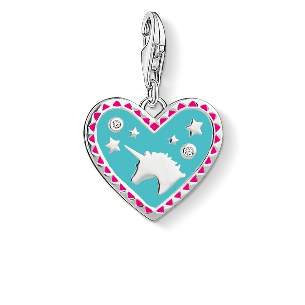 STERLING SILVER "HEART WITH UNICORN" CHARM PENDANT WITH PINK & TURQUOISE ENAMEL AND WHITE ZIRCONIA