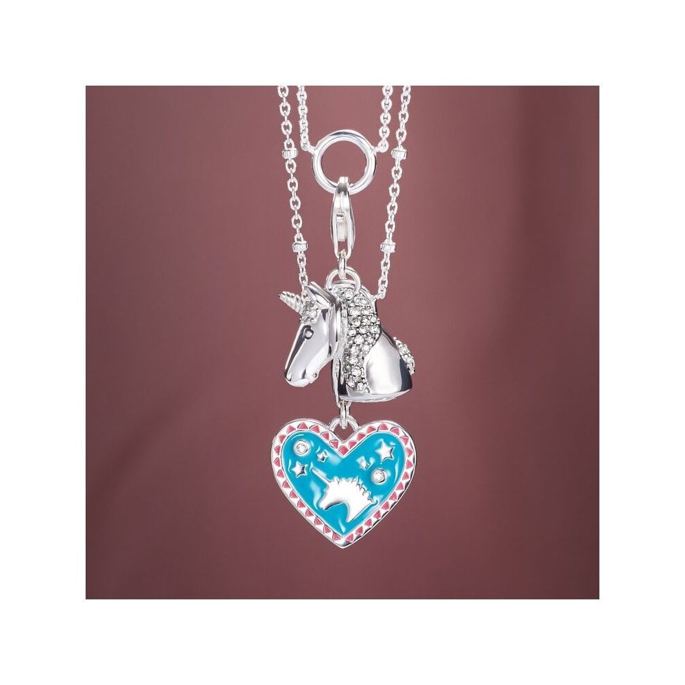 STERLING SILVER "HEART WITH UNICORN" CHARM PENDANT WITH PINK & TURQUOISE ENAMEL AND WHITE ZIRCONIA