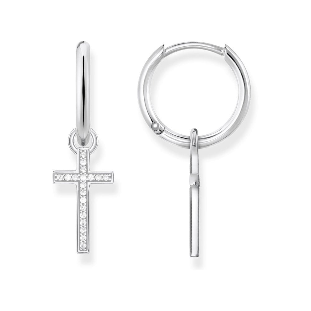 STERLING SILVER HOOP EARRINGS WITH DROP CUBIC ZIRCONIA CROSS