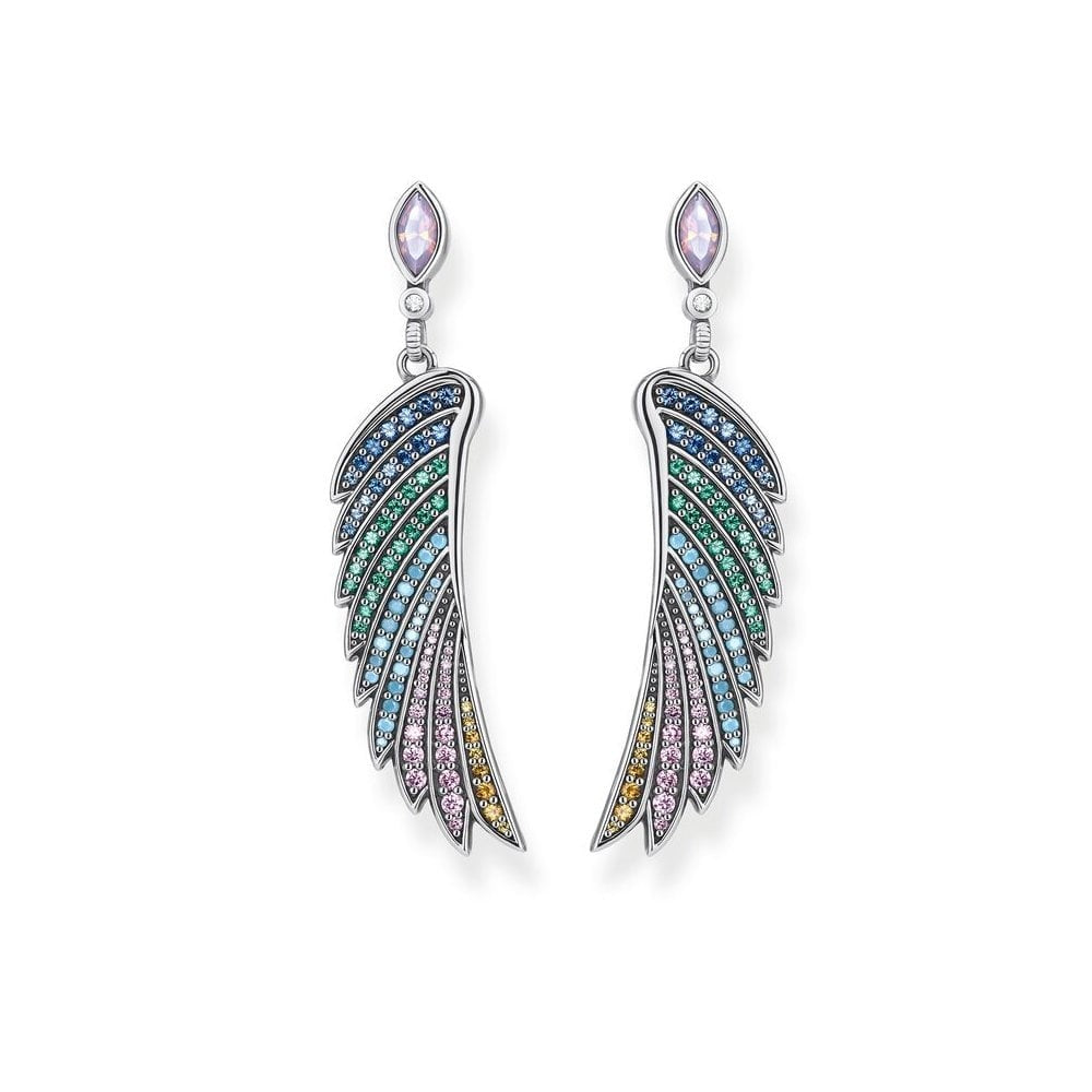 STERLING SILVER HUMMINGBIRD WING DROP EARRINGS WITH RAINBOW COLOUR STONES