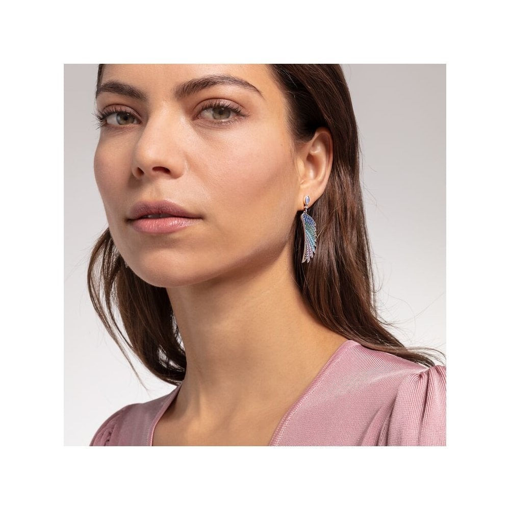 STERLING SILVER HUMMINGBIRD WING DROP EARRINGS WITH RAINBOW COLOUR STONES