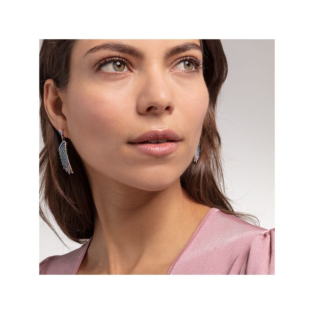STERLING SILVER HUMMINGBIRD WING DROP EARRINGS WITH RAINBOW COLOUR STONES