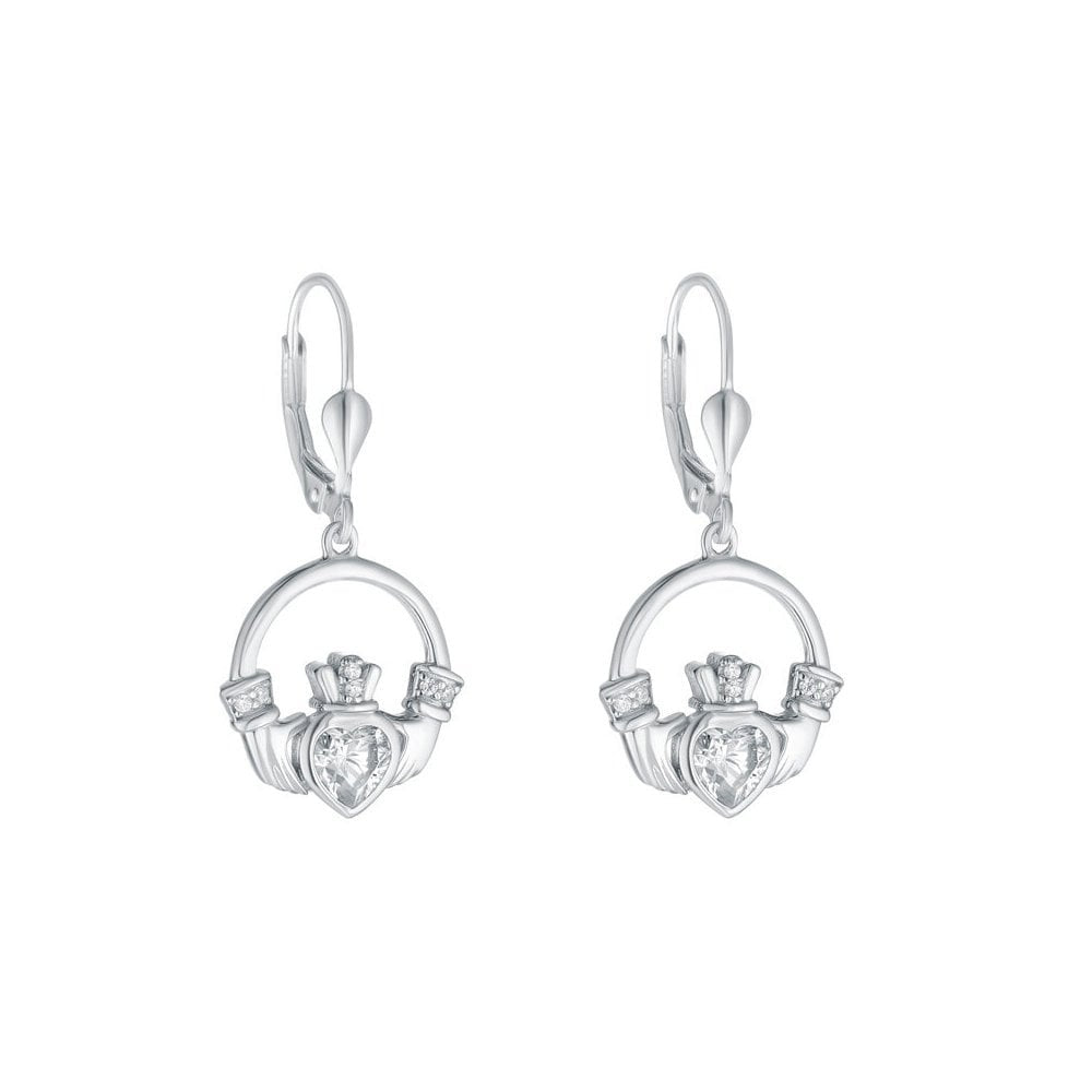 STERLING SILVER LARGE CZ HEART CLADDAGH EARRINGS