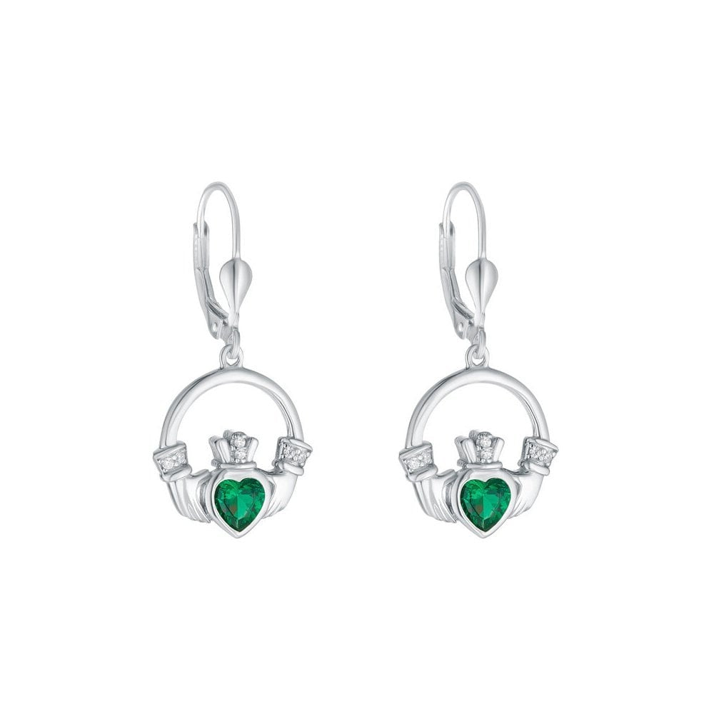 STERLING SILVER LARGE GREEN CZ HEART CLADDAGH EARRINGS